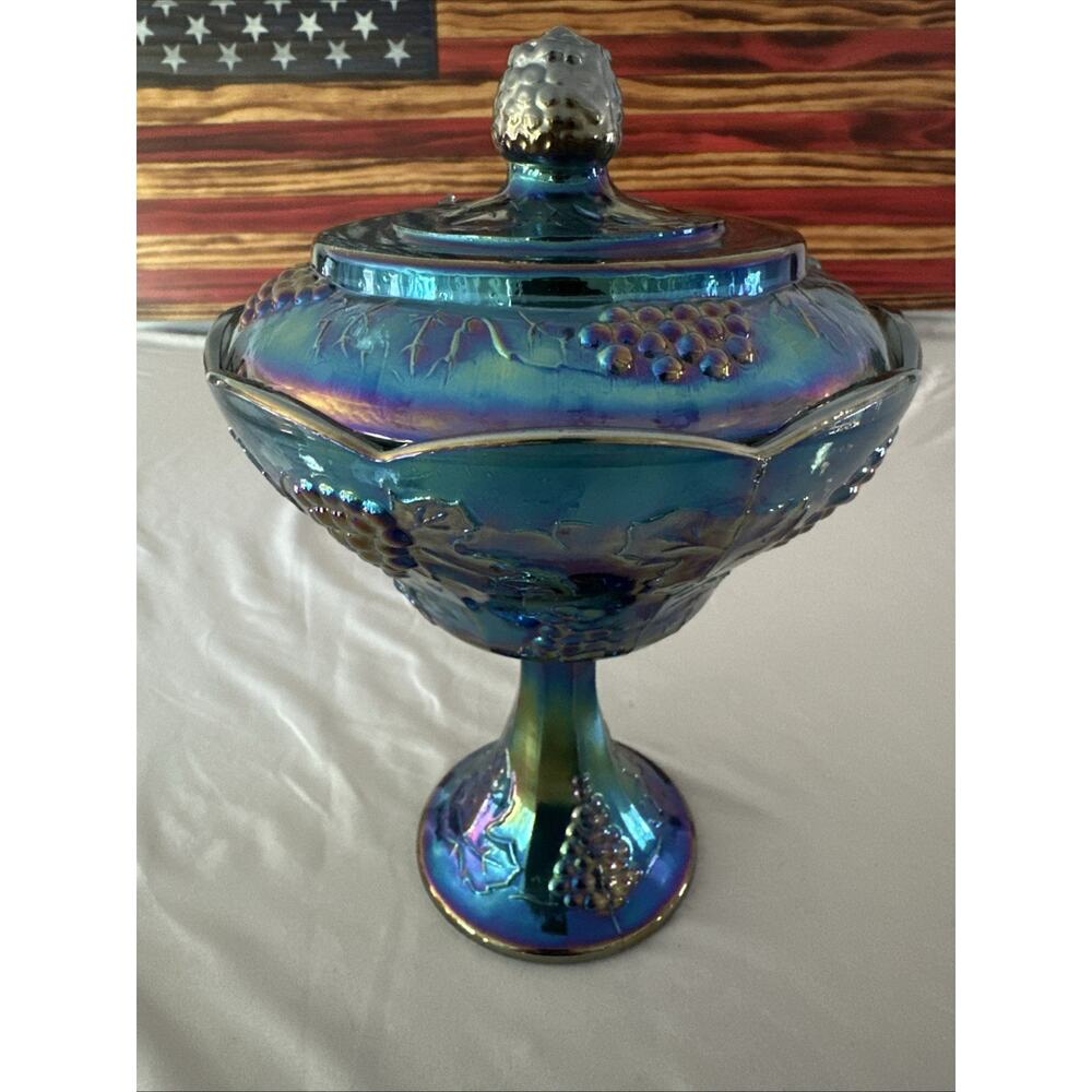 Indiana Carnival Glass Iridescent Blue Covered Compote Candy Dish Harvest Grape